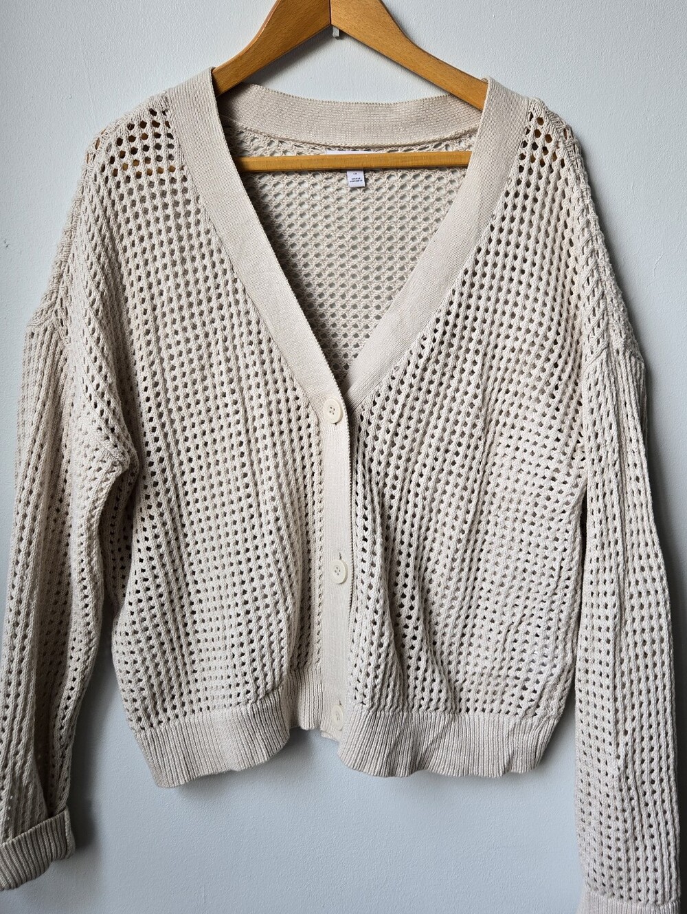 100% Cotton Calvin K LG Cardigan Light Cream Open-Knit Button Sweater Layering